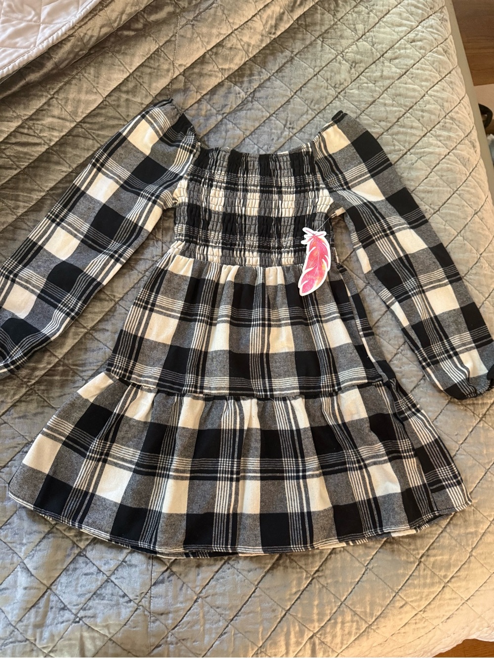 btween Black and Cream Plaid Smocked Off-Shoulder Dress